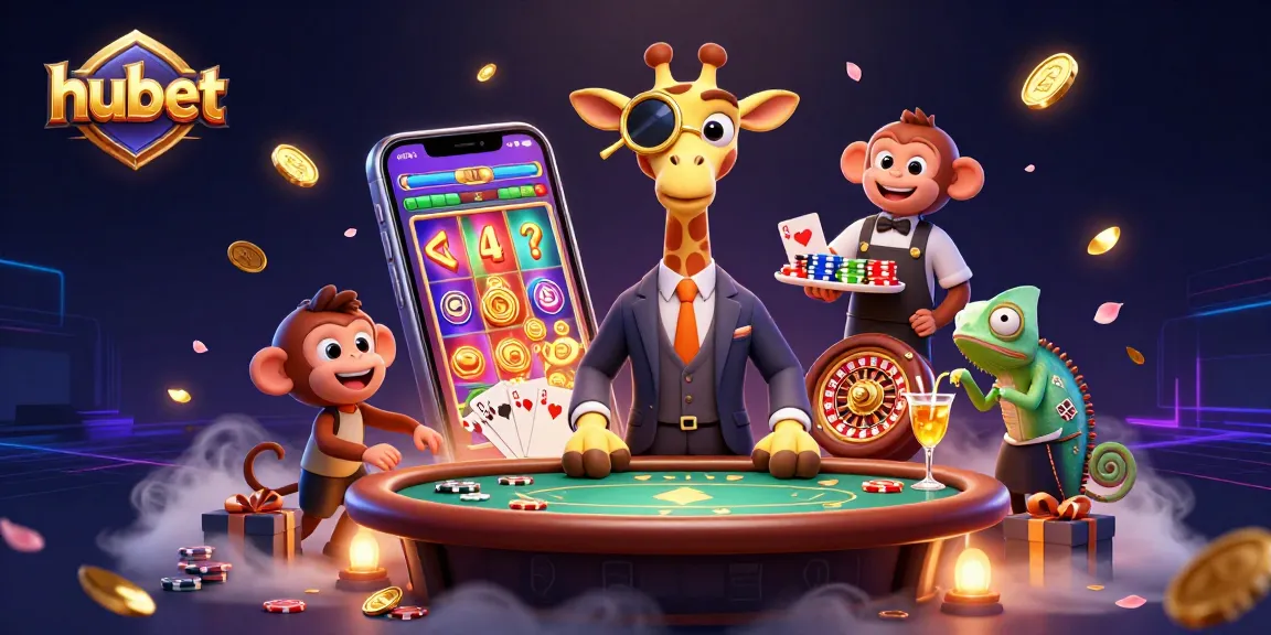 Experience hubet's vibrant casino scene with characters engaging in exciting games and rewards.