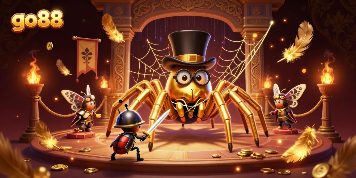 Engage with go88's thrilling gaming environment featuring a brave beetle knight and a golden tarantula.