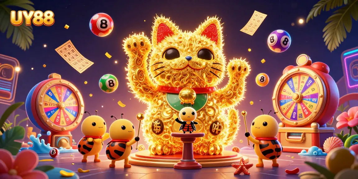 Join the UY88 luck with vibrant gaming elements and a giant lucky cat ready for exciting wins!