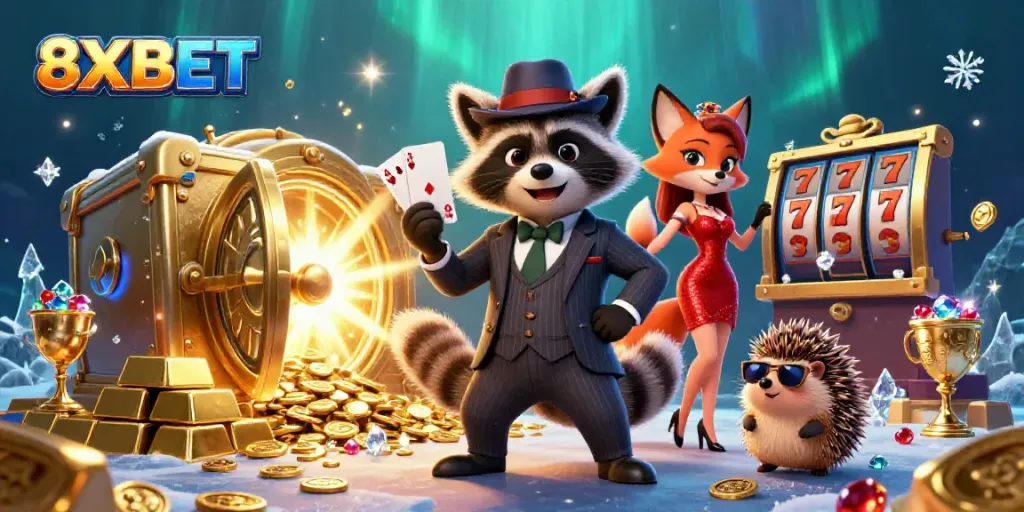 Experience the excitement of 8XBET with a raccoon dealer and dazzling gambling elements.