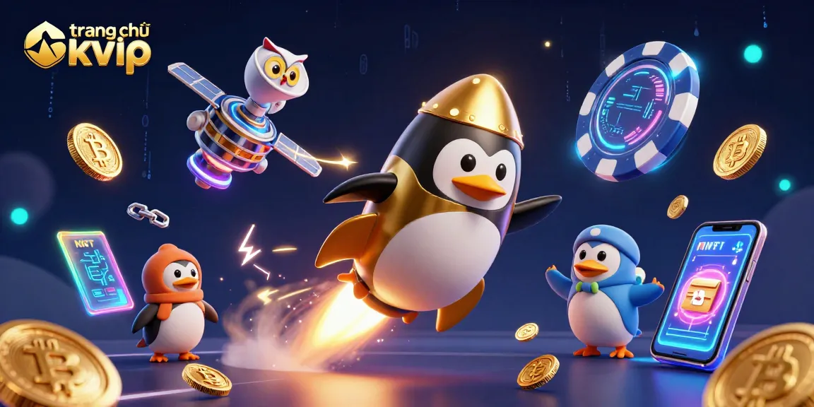 Play on the trang chủ okvip with a dynamic casino-themed 3D illustration of a penguin and cryptocurrency.