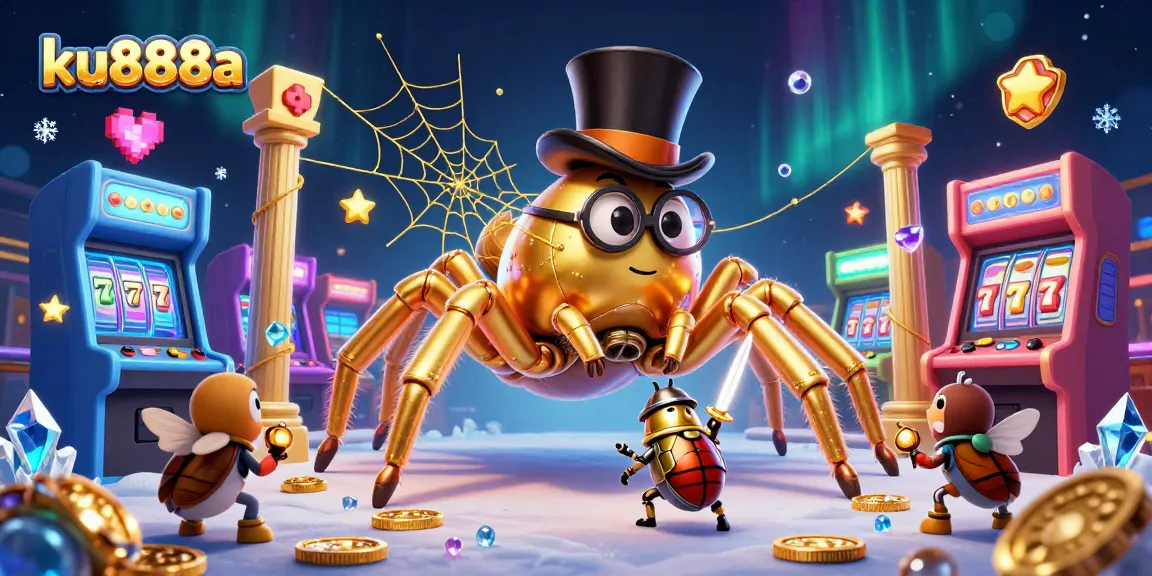 Engage in a thrilling experience with ku888a, featuring a golden tarantula and a knight in an enchanting casino scene.