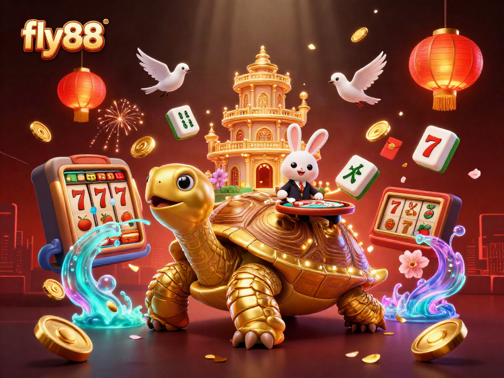 Fly88 features a vibrant casino scene with a golden tortoise and dynamic gaming elements.