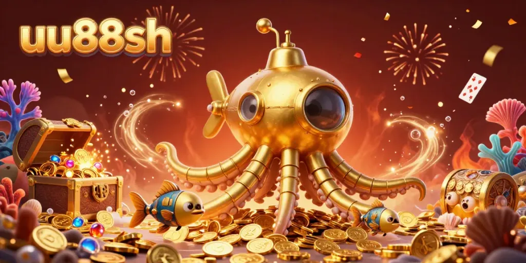 Experience the thrilling action of uu88sh with a golden kraken submarine amidst treasures, glowing coral, and celebratory confetti.