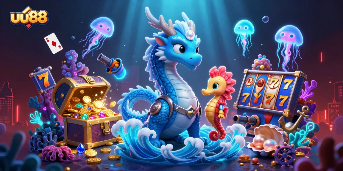uu88 offers captivating underwater gaming with enchanting characters and a treasure-filled ocean scene.