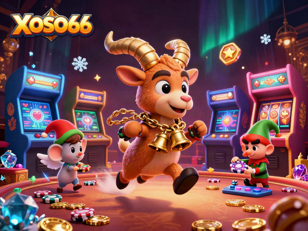 XOSO66 showcases an engaging casino scene with a festive Krampus goat, playful angel mouse, and mischievous elf gremlins.