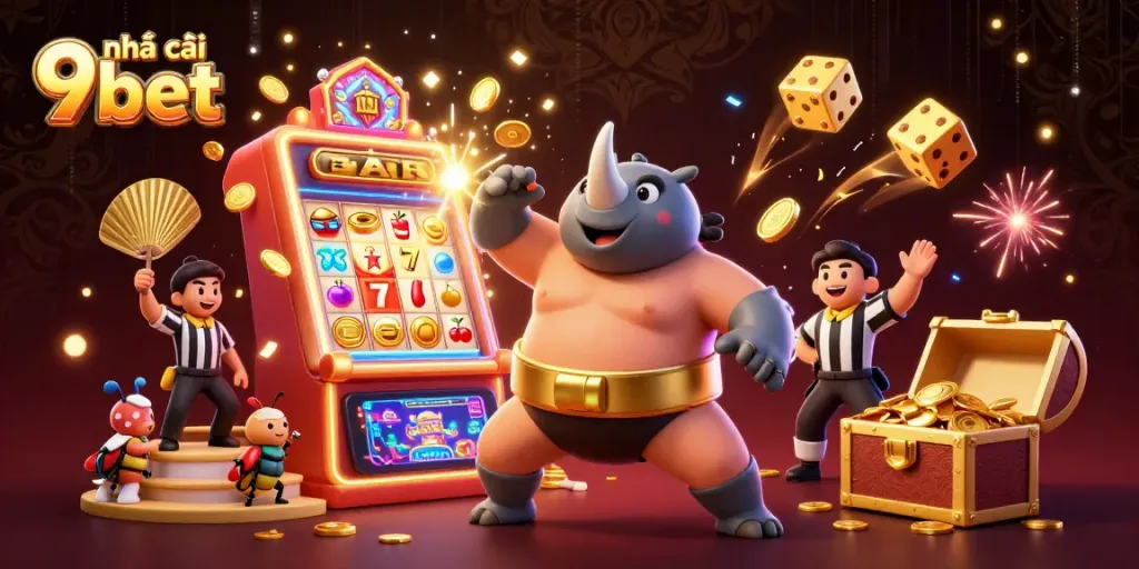 Witness the thrilling action at nhà cái 9bet, where a beetle sumo champion sends coins flying amidst a vibrant casino scene.