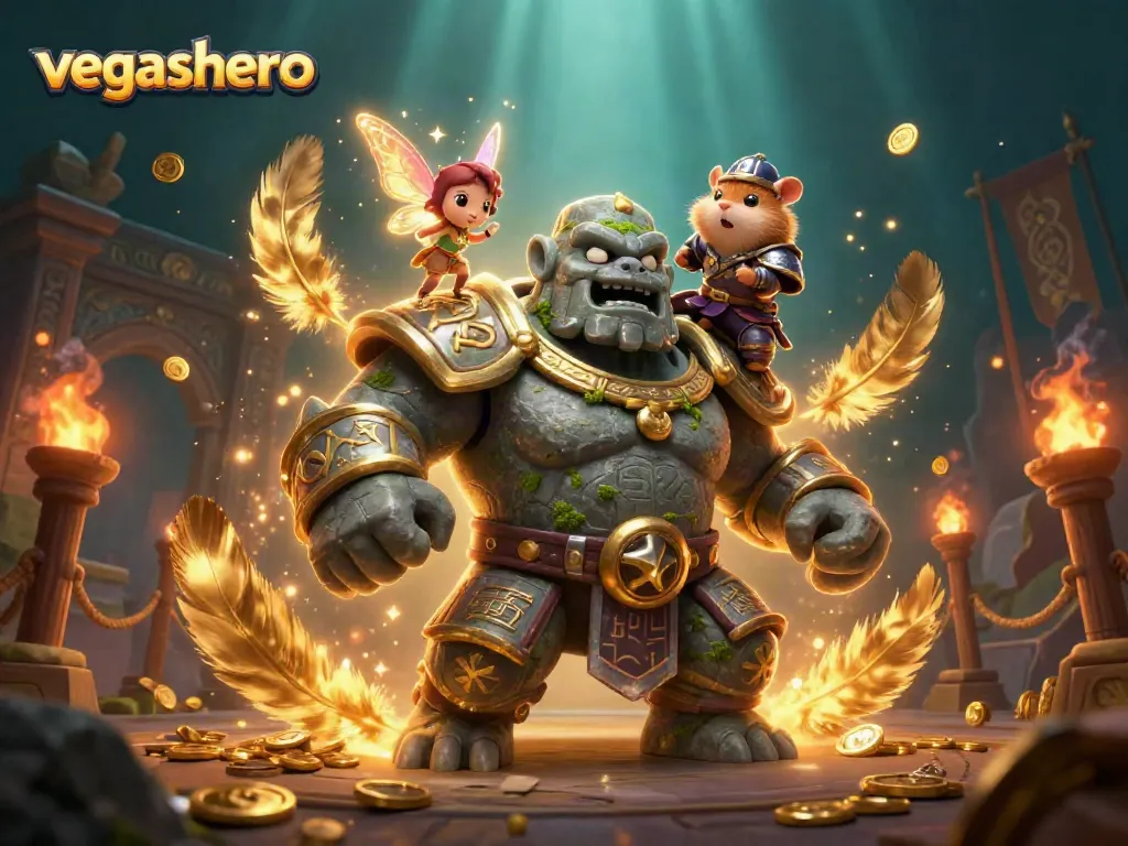 Engage with the vibrant world of vegashero, featuring an ancient golem and magical companions in an enchanting casino scene.