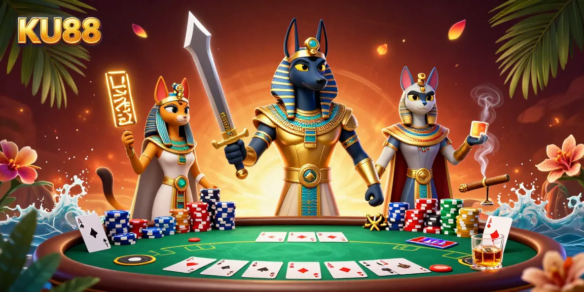 Engage with KU88's vibrant gaming scene featuring Anubis and casino elements in a stunning illustration.