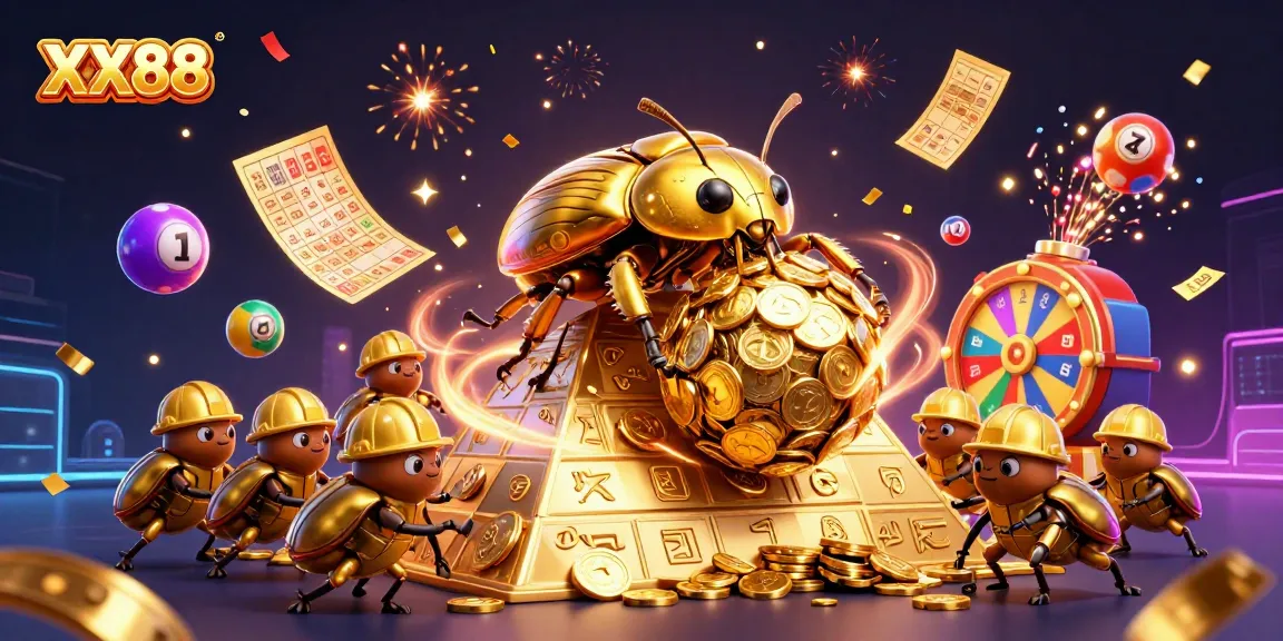 Join the thrilling action at XX88 with vibrant lottery elements in a 3D casino celebration.