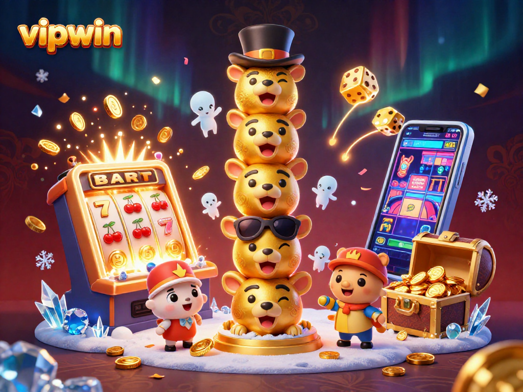 Win big with vipwin at the vibrant casino-themed illustration featuring dynamic slot machines and golden treasures.