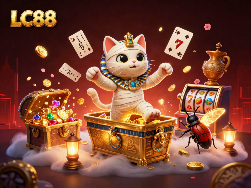 Experience the thrill of winning at LC88 with an Egyptian mummy cat and dynamic casino elements.