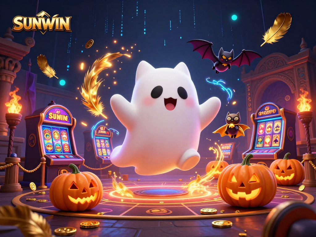SUNWIN promotes a thrilling casino atmosphere with a ghostly cat and bat companions, surrounded by festive elements that highlight gaming excitement.