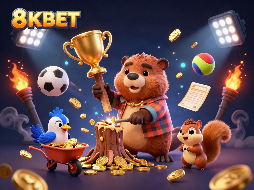 Experience thrilling gameplay with 8KBET's vibrant 3D casino illustration featuring a playful beaver, sports elements, and golden coins.