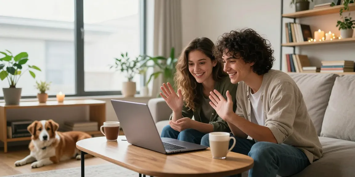 Couple enjoying a video call on https://f168.dating/ in a cozy living space with warm lighting.
