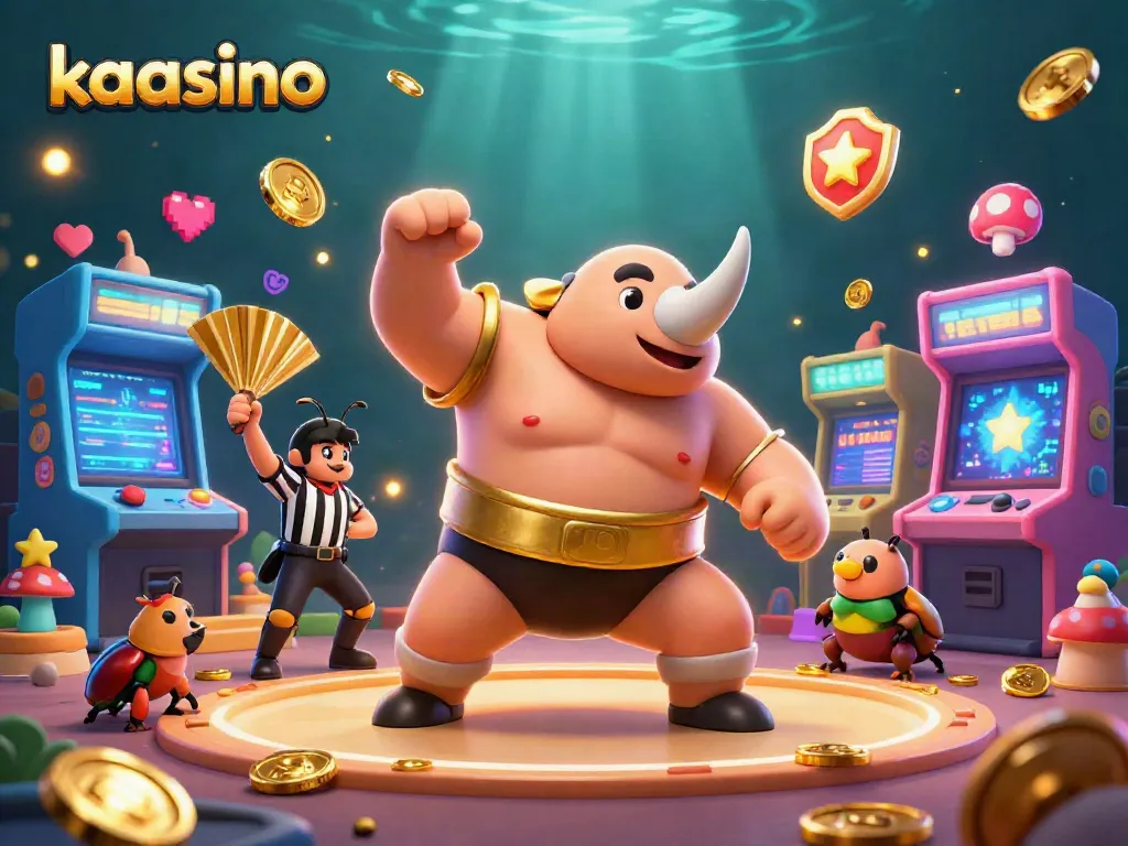Celebrate wins at kaasino with a vibrant 3D scene of a sumo beetle champion amidst colorful casino elements.