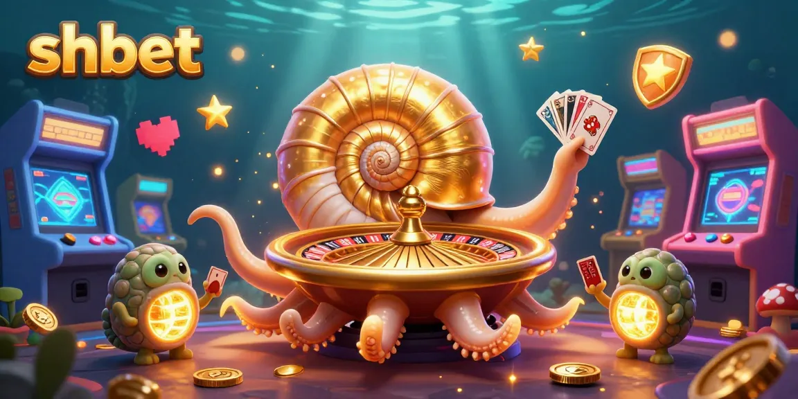Engage with shbet in a vibrant 3D casino scene featuring a nautilus roulette wheel and glowing game machines.