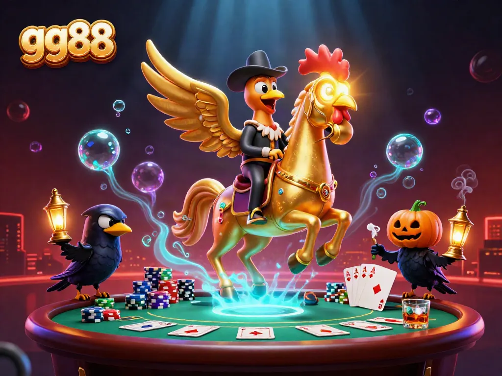 Engage with gg88's vibrant casino scene featuring a golden rooster headless horseman amidst poker action.