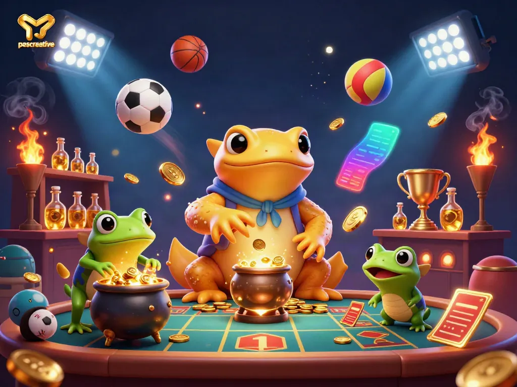 Enjoy thrilling experiences at pescreative's 3D dynamic casino scene, filled with cartoon characters and vibrant sports elements.