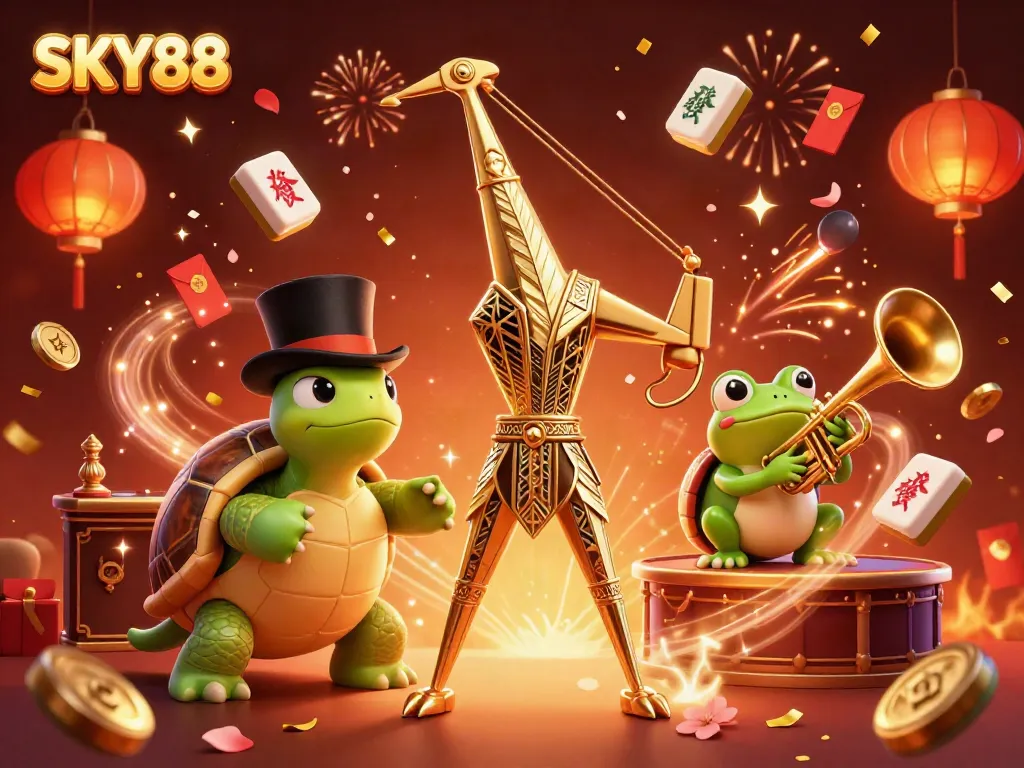 Experience the thrill of SKY88 with themed characters and vibrant casino elements around them.