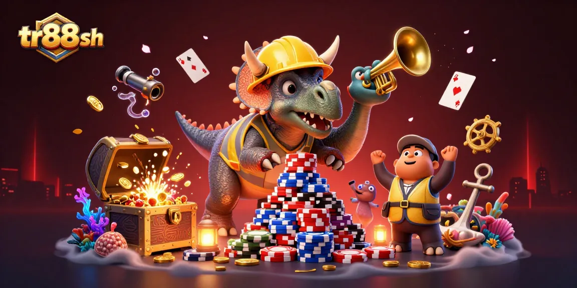Experience the excitement with tr88 sh in this dynamic casino-themed 3D illustration featuring cheerful dinosaurs and colorful gems.