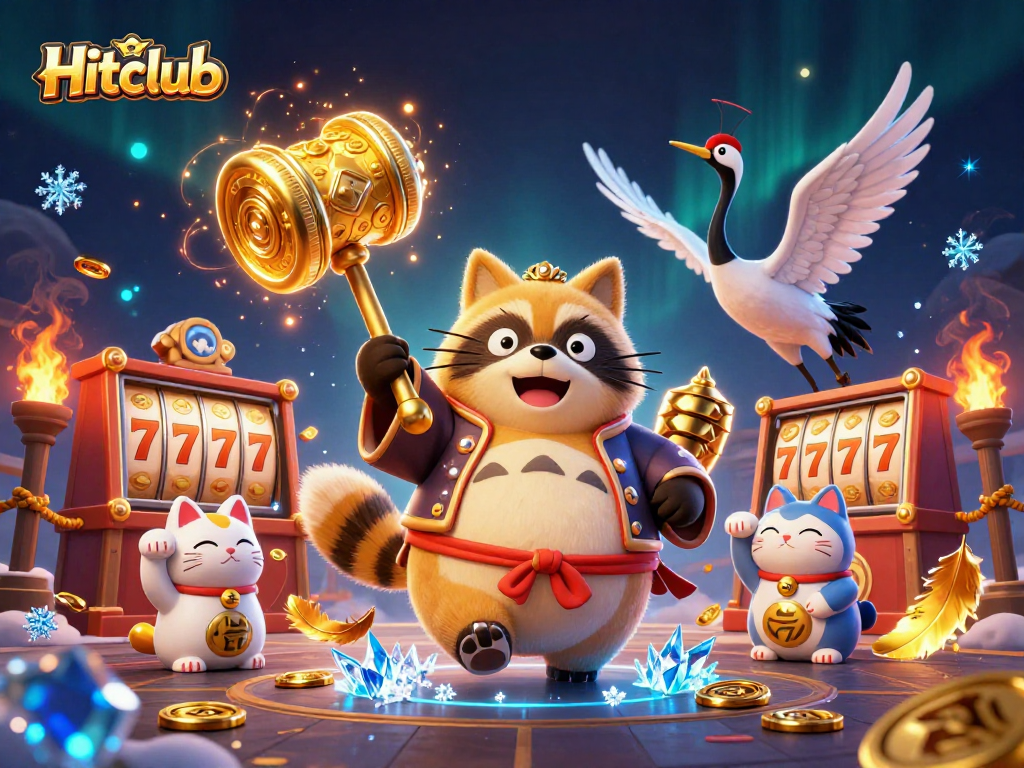 Hitclub sparks excitement as players enjoy vibrant slots and lucky charms in a carnival-themed illustration.