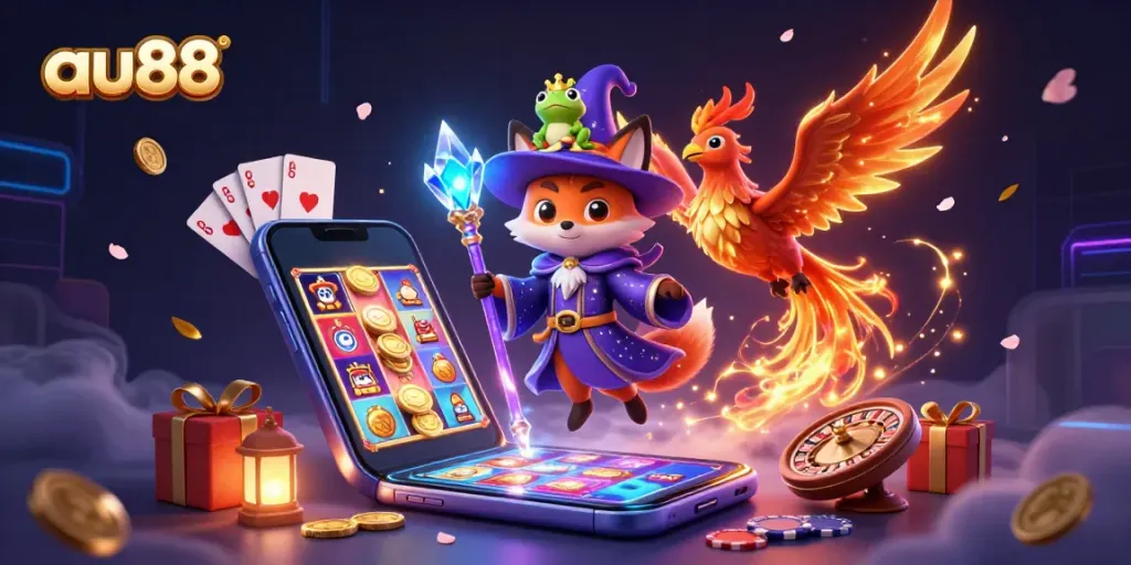 Experience thrilling gameplay with au88's vibrant 3D illustration featuring casino games and enchanted characters.