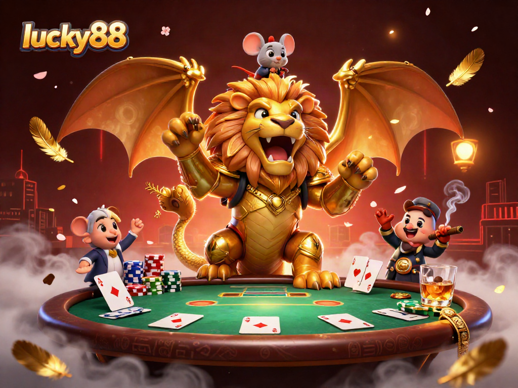Engage in the excitement at lucky88 with a victorious chimera and poker elements creating a dynamic casino scene.