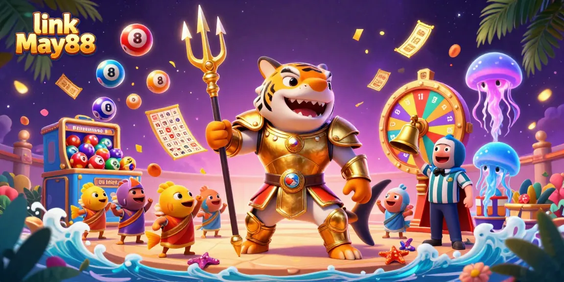 Engage with the link May88 casino scene, featuring a dynamic 3D tiger shark leading an underwater game with colorful lottery elements.