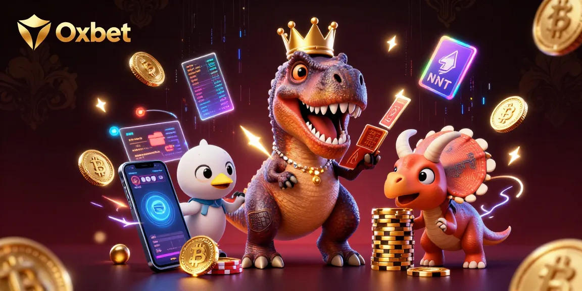 Oxbet's vibrant casino scene with a T-Rex, pterodactyl, and triceratops engaging in gaming fun.