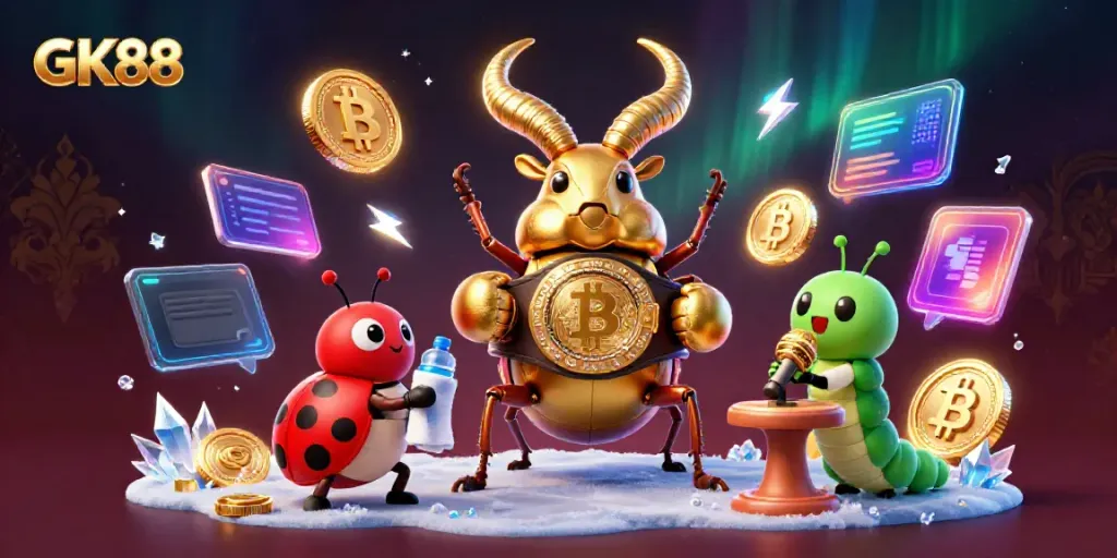 Experience the vibrant world of GK88 with a golden stag beetle champion in a dazzling 3D casino scene.