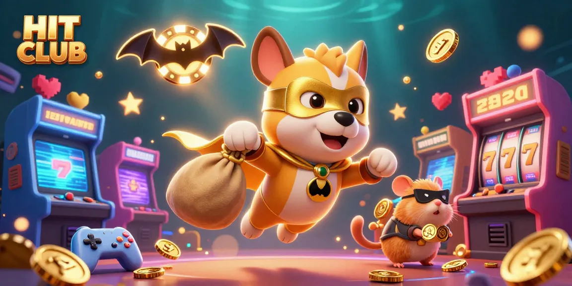 Engage with HIT CLUB's thrilling 3D superhero dog flying through coins in a lively casino scene.