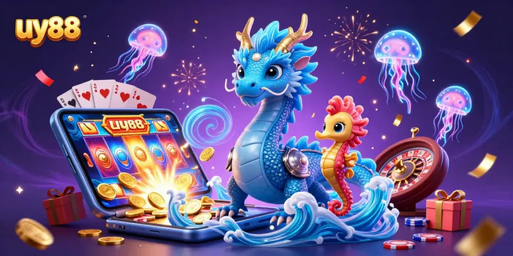 Engage with uy88 thrilling payouts featuring an azure dragon, seahorse knight, and slot games.