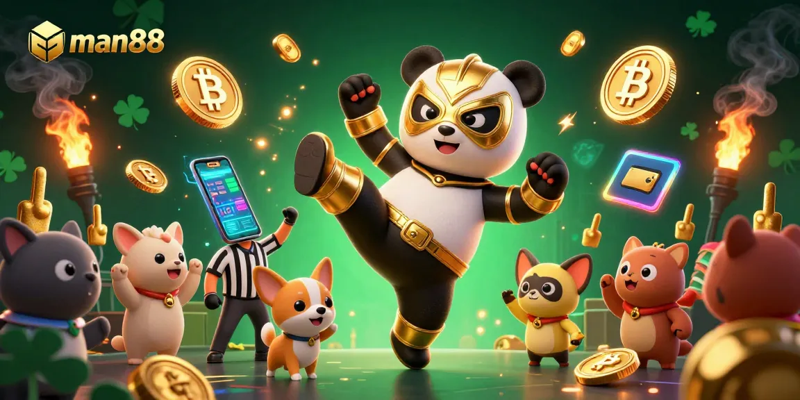 Man88 engages players with exciting gambling activities, showcased by a dynamic panda wrestler.