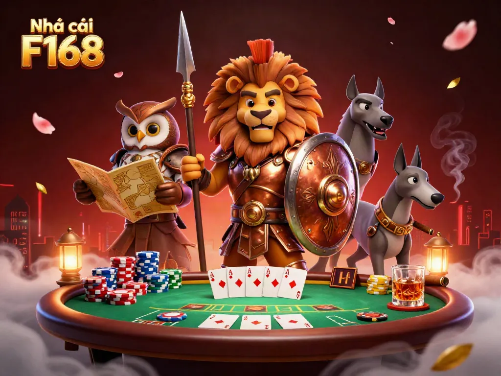 Engage with the thrilling action at Nhà cái F168, featuring colorful poker chips and a heroic lion amidst dynamic gambling elements.
