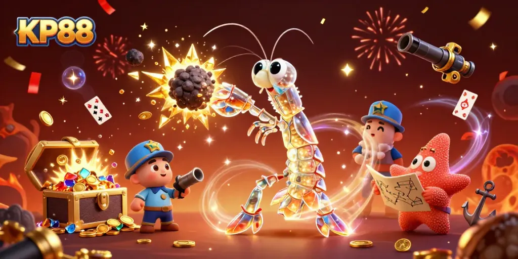 KP88 showcases an exciting 3D scene with a mantis shrimp and starfish among golden gems, embodying thrilling gambling action.