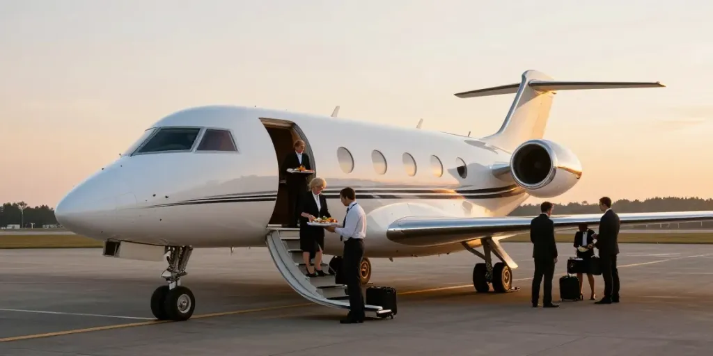 Private jet rental Amsterdam with luxury passengers boarding and sunset ambiance.