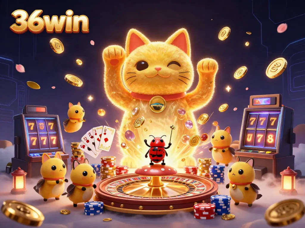 Experience the 36win luck with vibrant visuals of a lucky cat and casino symbols in a dynamic scene.
