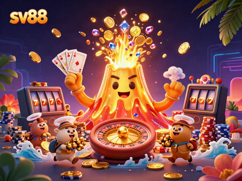 Experience thrilling adventures with sv88 as golden treasures cascade from a volcano in this vibrant casino scene.