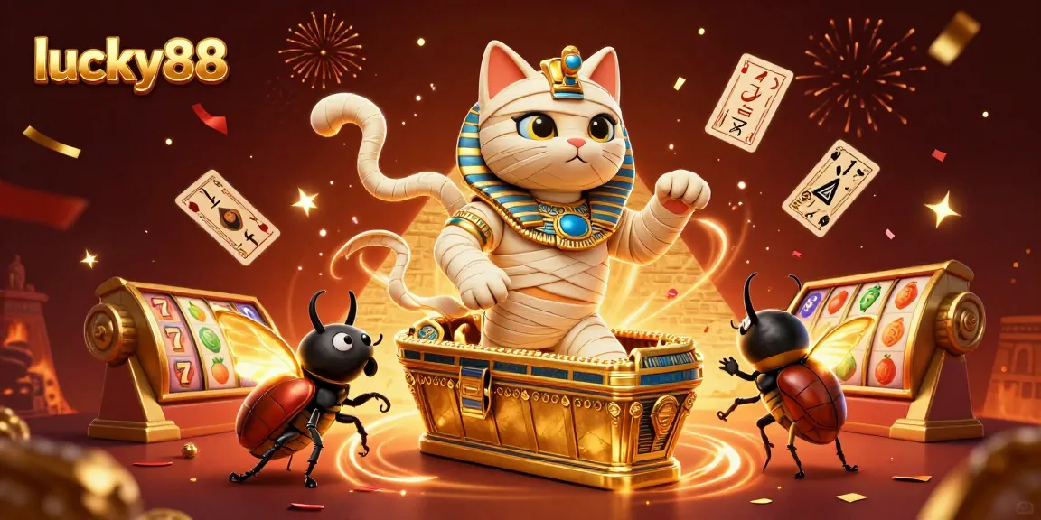 Spin the reels of lucky88 with a dynamic Egyptian-themed casino illustration featuring a mummy cat.