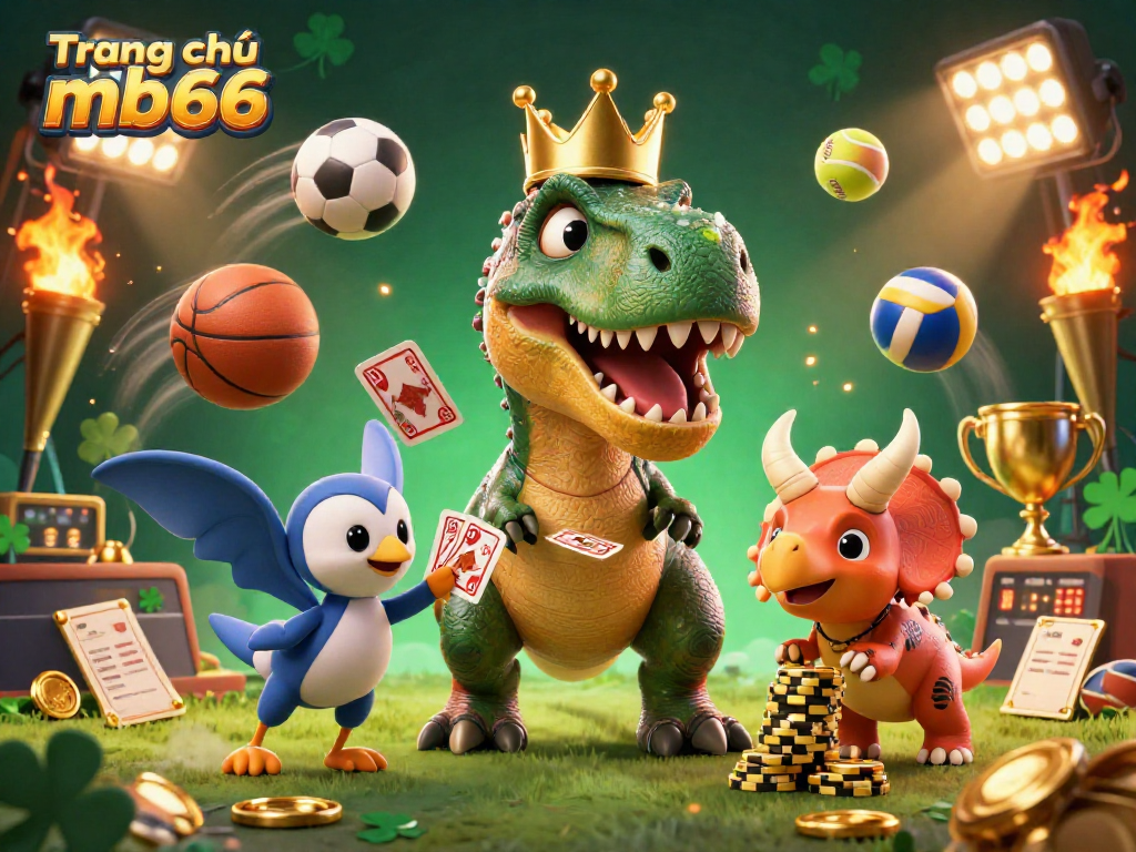Win big at Trang chủ mb66 with a lively 3D casino scene featuring fun dinosaur characters.