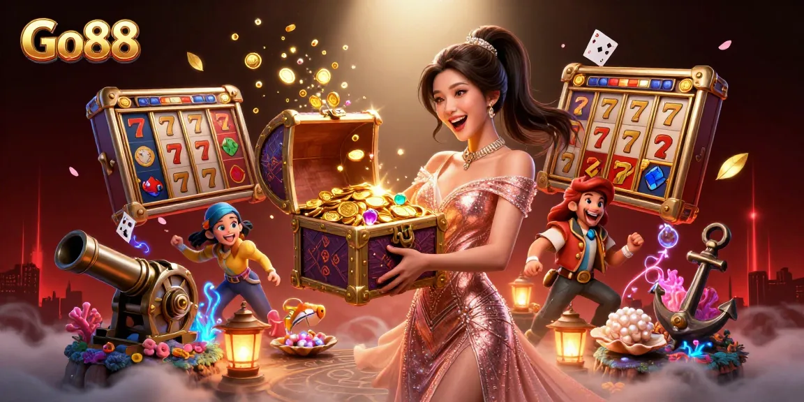 Engaging Go88 casino experience featuring vibrant slots, treasures, and a lively character scene.