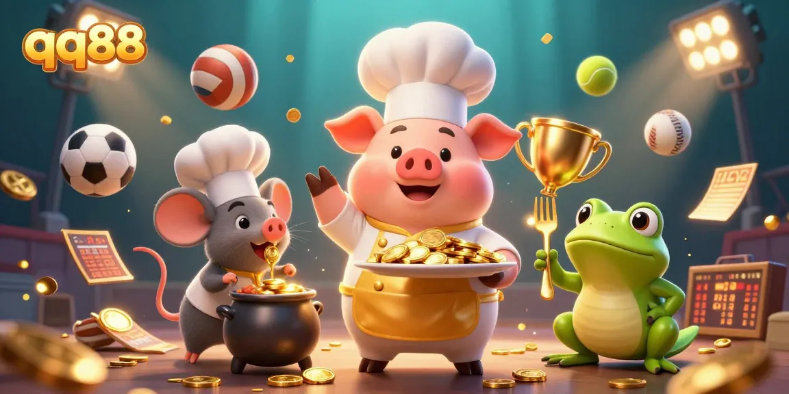 Experience thrilling betting with qq88 featuring gourmet gold coins, dynamic sports elements, and vibrant characters.