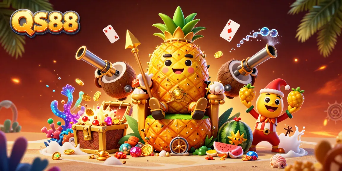 Experience the exciting world of QS88 with vibrant casino characters and treasures in this lively 3D illustration.