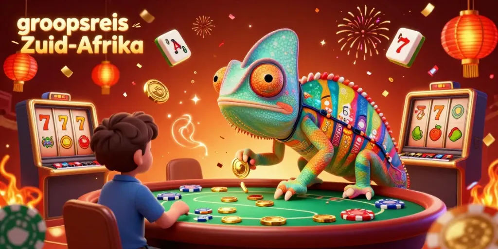 Een spannende groepsreis naar Zuid-Afrika met een kleurrijke kameleon casino-eigenaar en pokerchips.