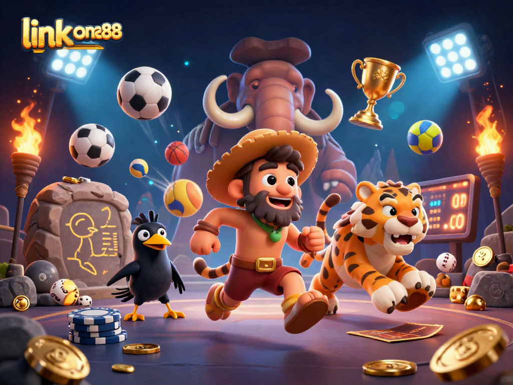 Play exciting games at link one88 with a fun prehistoric casino scene featuring dynamic sports elements.