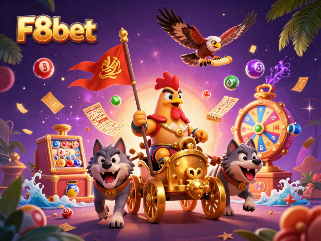 Engage in gambling excitement with F8bet showcasing a rooster warlord and vibrant lottery elements.