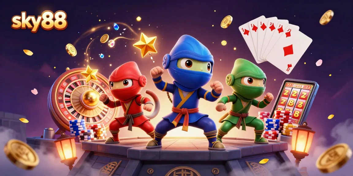 sky88 casino experience with a dynamic chameleon team showcasing martial arts and vibrant game elements