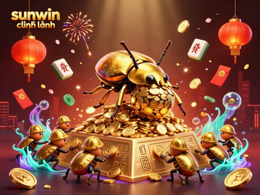 Engage with sunwin chính hãng through a vibrant 3D casino-themed illustration showcasing a golden dung beetle rolling coins.