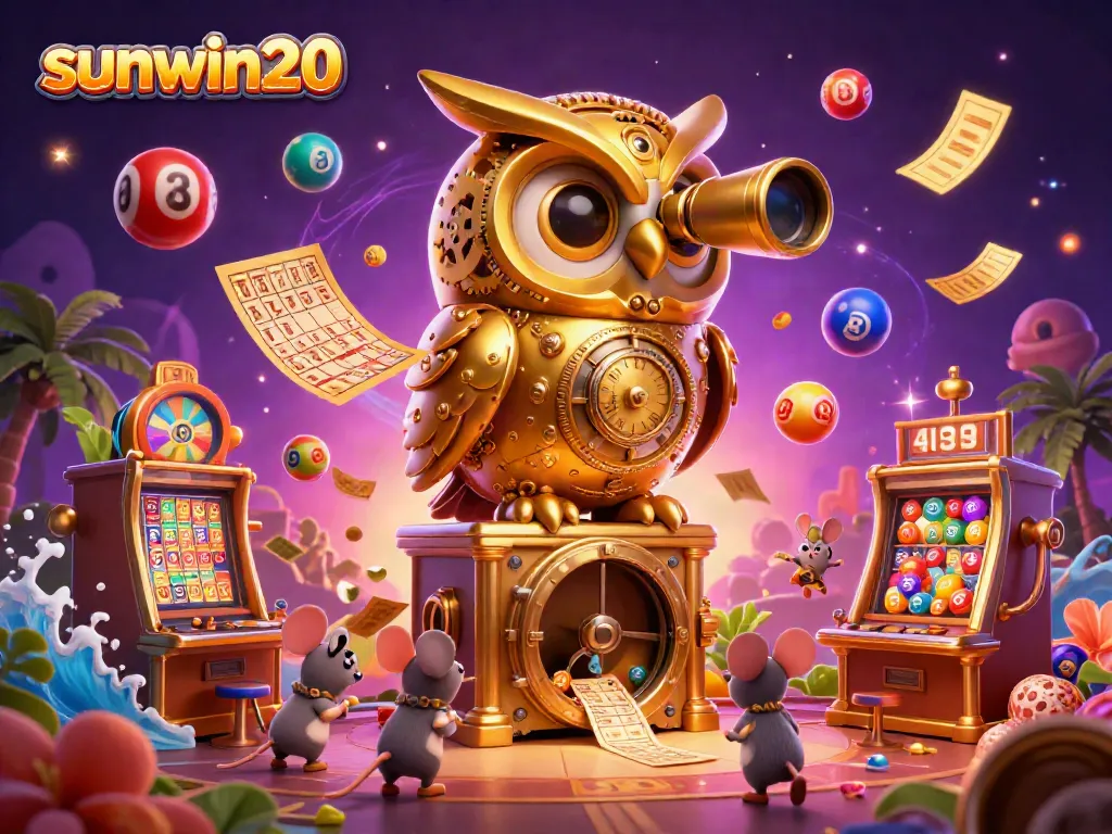 Experience the excitement of sunwin20 as colorful lottery balls and a clockwork owl dominate a vibrant casino scene.